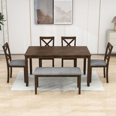 6-Pcs Wood Dining Set with Upholstered Chairs and Bench for Living Room