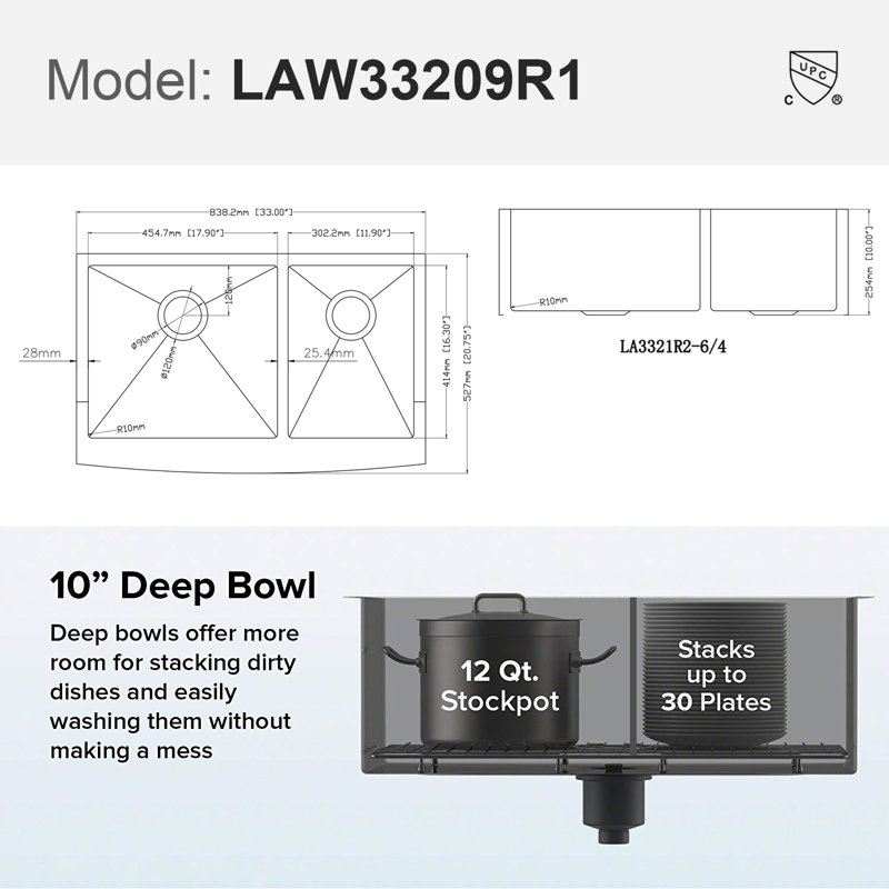 33'' L x 21'' W Farmhouse Stainless Steel 60/40 Double Bowl Kitchen Sink with Sink Grid, Strainer and Roll-up Rack