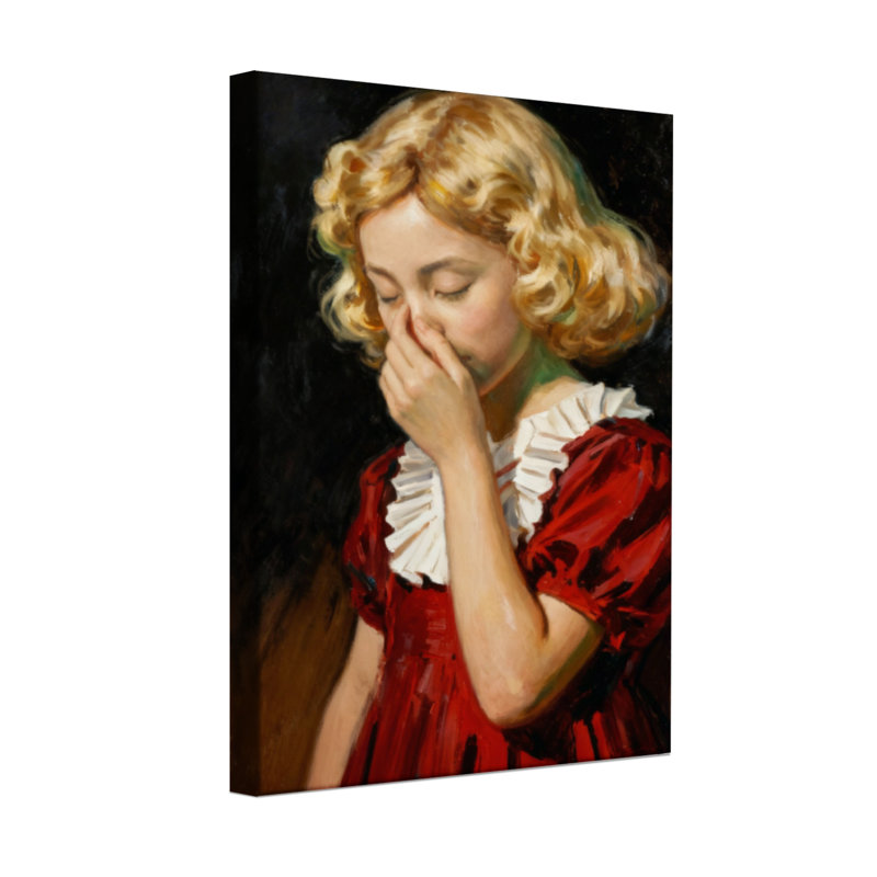 Fille abstraite blonde en robe rouge couvrant la bouche, H 30 po x l 20 po