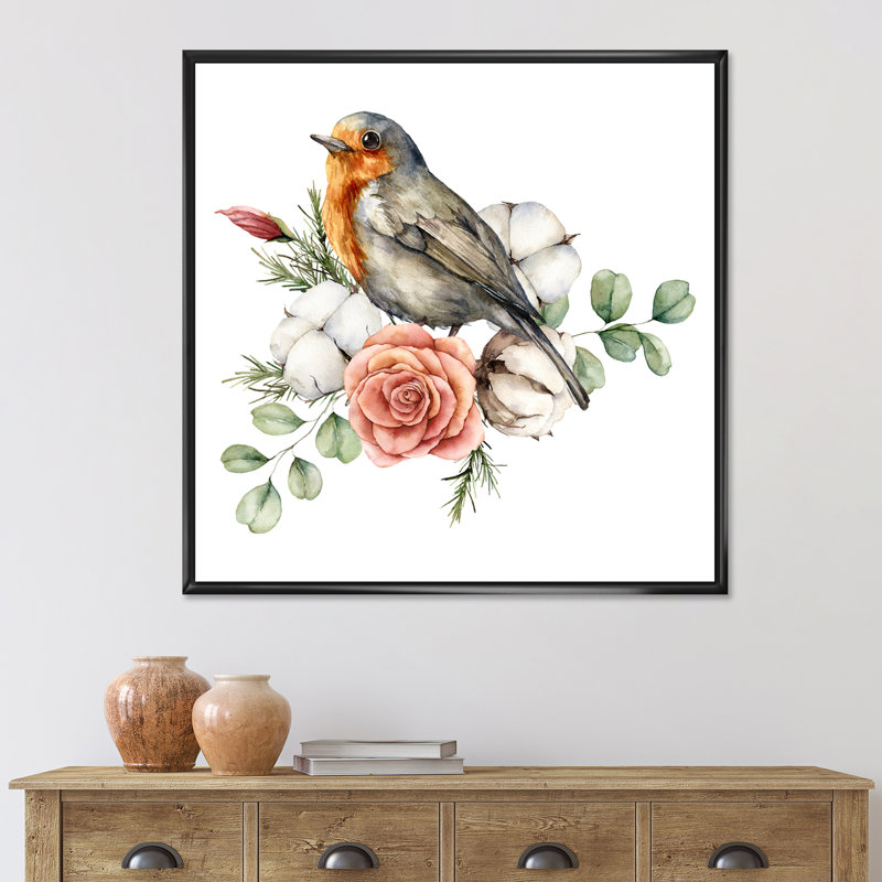 «Robin Redbreast with Cotton Rose and Leaves», peinture sur toile à cadre flottant, H 30 po x l 30 po x P 1 po