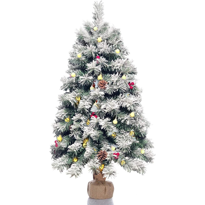 Arbre de Noël artificiel pré-éclairé 3 pi, arbre de Noël enneigé avec 70 lumières DEL, 140 branches, 7 pommes de pin, 10 baies rouges pour bureau, alimenté par piles
