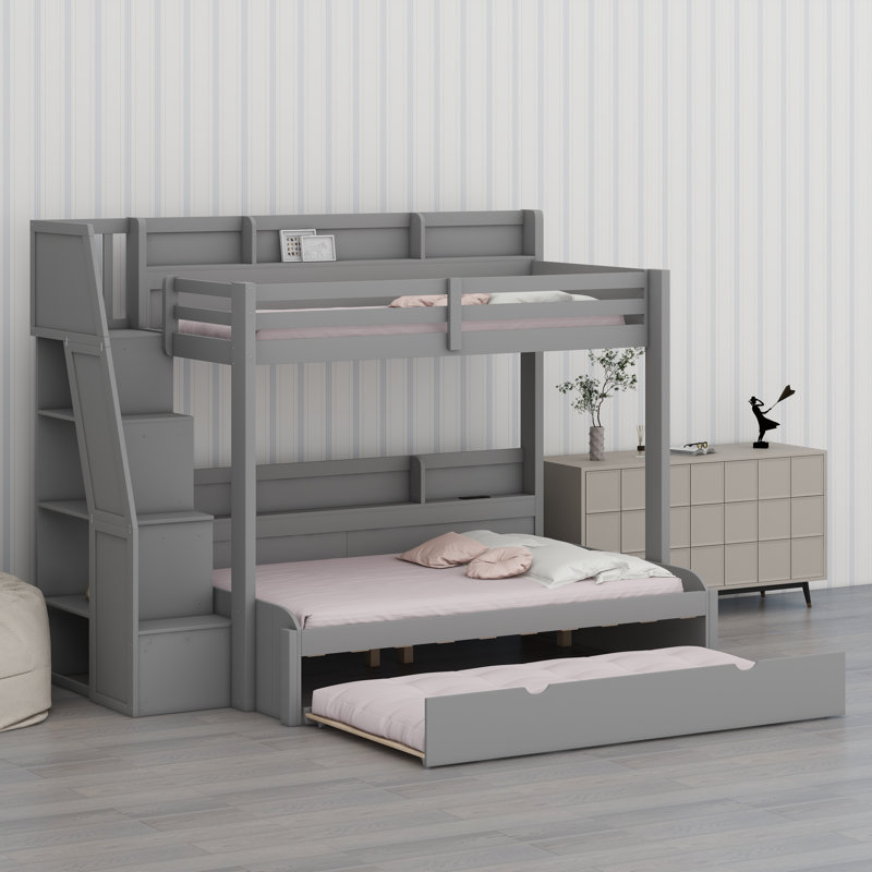 Lit superposé avec escalier de rangement, lit gigogne escamotable, tablettes intégrées, éclairage à DEL et ports de chargement USB