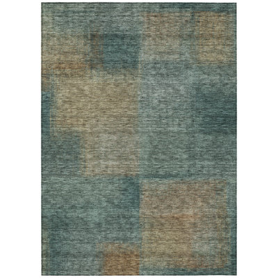 Tapis d'extérieur lavable abstrait bleu sarcelle et taupe 10 pi x 14 pi bleu sarcelle