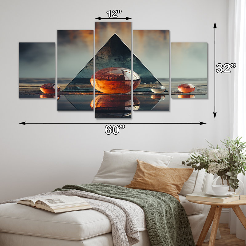 «Minimalist Triangle Essence II», art mural en pierre spirituel pour le salon, 5 pièces, H 32 po x l 60 po