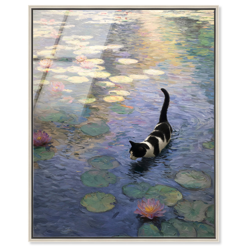 "Water Lily Cat", reproduction d'art acrylique encadrée par Art Remedy, cadre argenté, 20 x 24, H 21 po x l 25 po