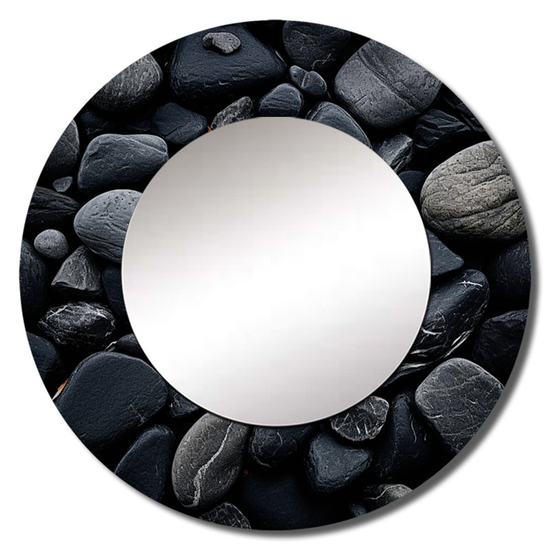Rokeem, pierres noires, paysage minimaliste - miroir en pierre géode, miroir mural rond noir unique, impression sur métal