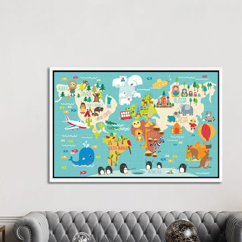 Children's World Map by Martina Hogan - Print on Canvas, White Framed, 152.5 cm H x 101.5 cm W