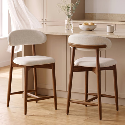 Ensemble de 2 tabourets de bar de style milieu du siècle, revêtement en imitation lin, blanc crème