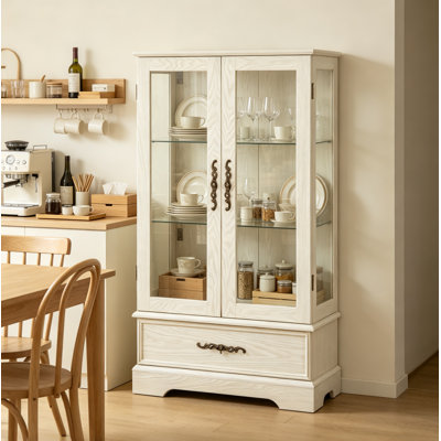 Vitrine lumineuse avec portes en verre, tablettes réglables en verre, vitrine à 2 portes avec tiroir et éclairage à DEL intégré pour le salon