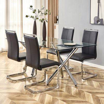 Modern High Back Faux Leather Cantilever Dining Chairs with Metal Base