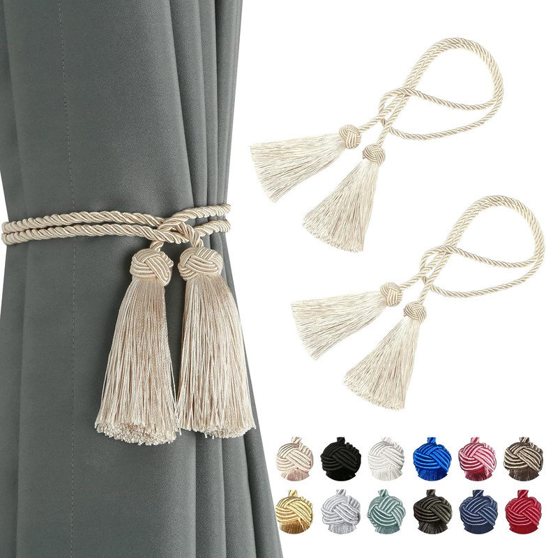 Embrasses de rideaux à pampilles avec motif de corde pour décoration intérieure moderne et traditionnelle 2 pièces, Beige