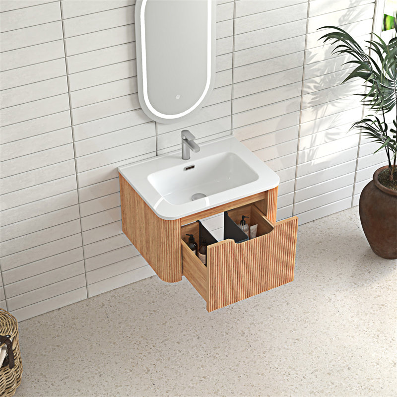 Wall-Mounted Floating Bathroom Vanity With Ceramic Basin, 24"