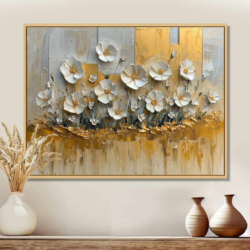 Désert, fleur d'orchidée - Art mural, H 12 po x l 20 po, Cadre flottant, Crème, crème