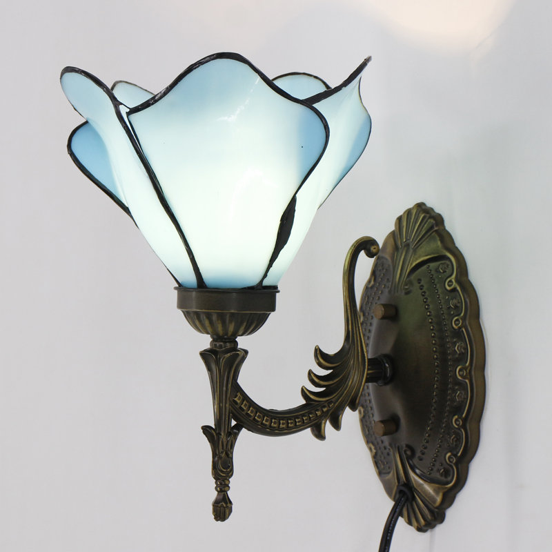 Tiffany Wall Sconce Lamp Blue Stained Glass Flower Style 8X10.5X11 Inch Plug in Wall Bedside Light for Hallway Bedroom (Blue Flower Style)