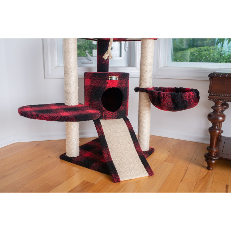 58'' Red and Black Plaid Sisal Cat Tree with Condo and Ramp