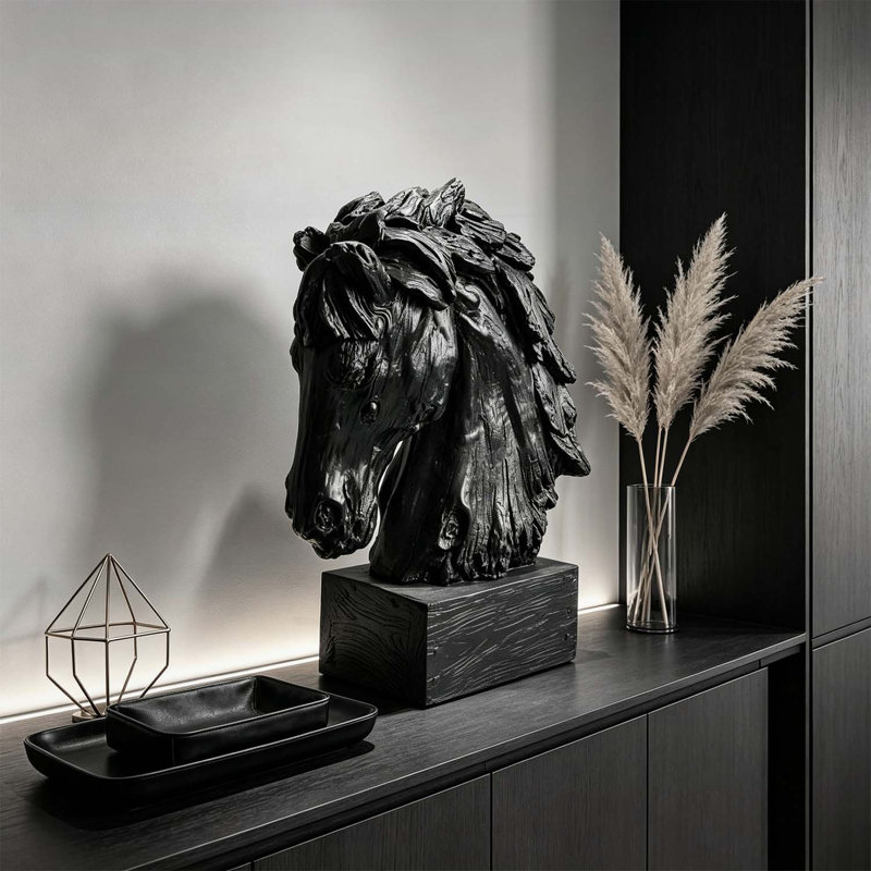 Sculpture tête de cheval rustique noire rétro avec base, buste en résine de 19 po pour décor de maison de campagne et de style occidental
