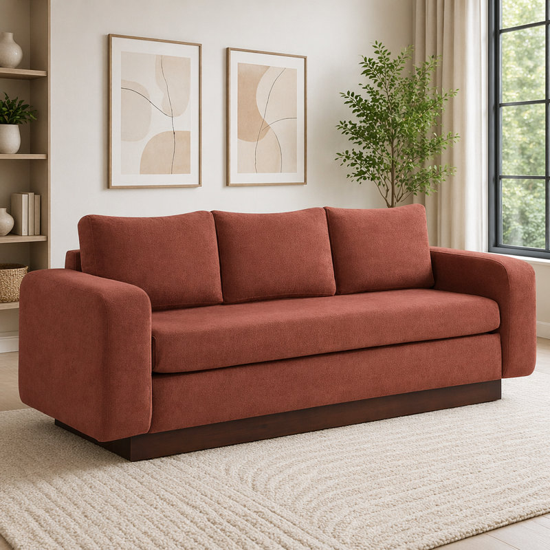 Canapé 3 places en chenille avec accoudoirs larges et base en bois d'hévéa robuste, Red Chenille