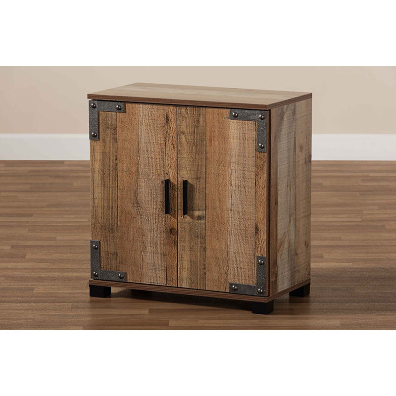 Rustic Brown Wood 2-Door Shoe Cabinet with Industrial Accents