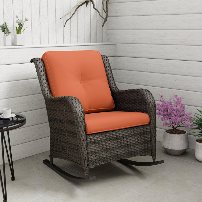 Outdoor Pe Wicker Rocking Chair - All-Weather Patio Furniture With Alloy Steel Frame & Thick Removable Cushion, Orange
