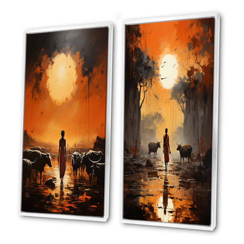 Ensemble de 2 reproductions de toiles tribales d'Afrique Dinka, Cadre blanc, H 28 po x l 25 po