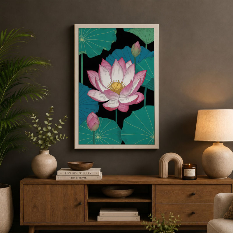 Lotus in Bloom Botanical 1 Piece Wrapped Canvas Wall Art, 18x12 - 45.7 x 30.5 cm, Sage Border