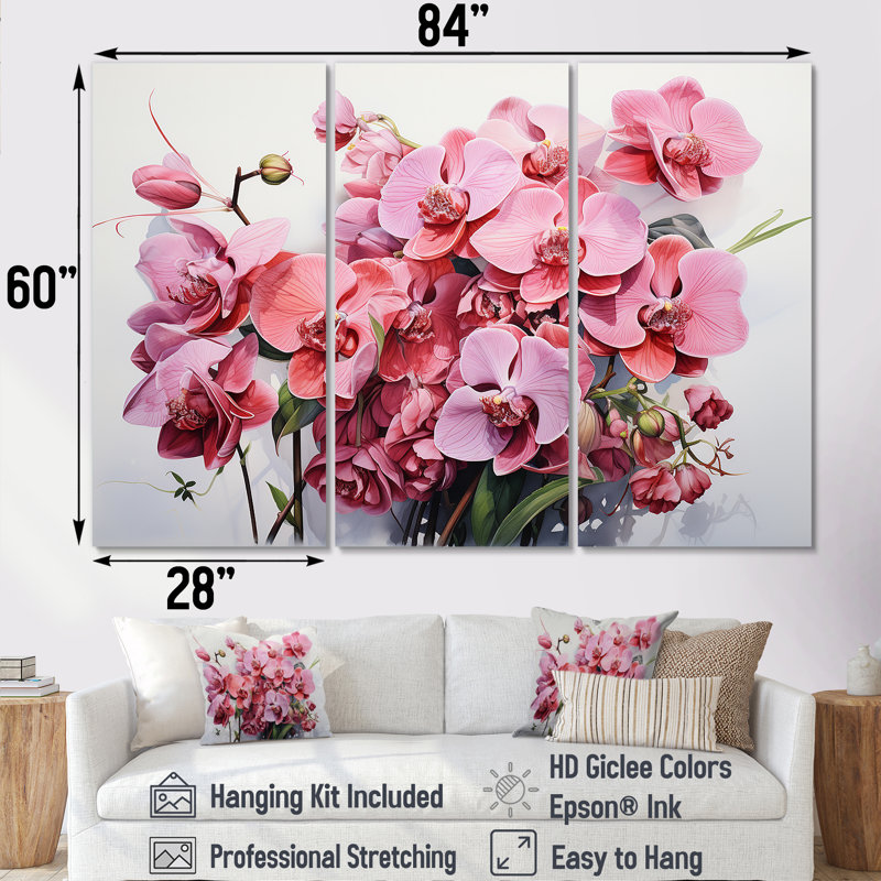 «Pink Orchids Minimalisme Dream» - ensemble d'art mural Orchidées, H 60 po x l 84 po x P 1,5 po, Toile tendue