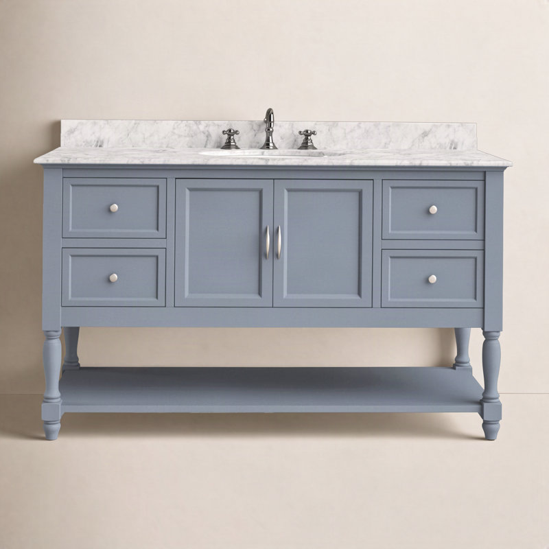 Hampton 60'' Single Bathroom Vanity with Top, Powder Blue, Carrara Marble