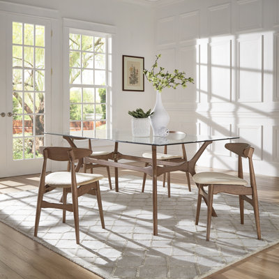 Arne Mid-Century 72" Glass Top Walnut Finish Rectangular Table Dining Set with Beige Fabric Chairs