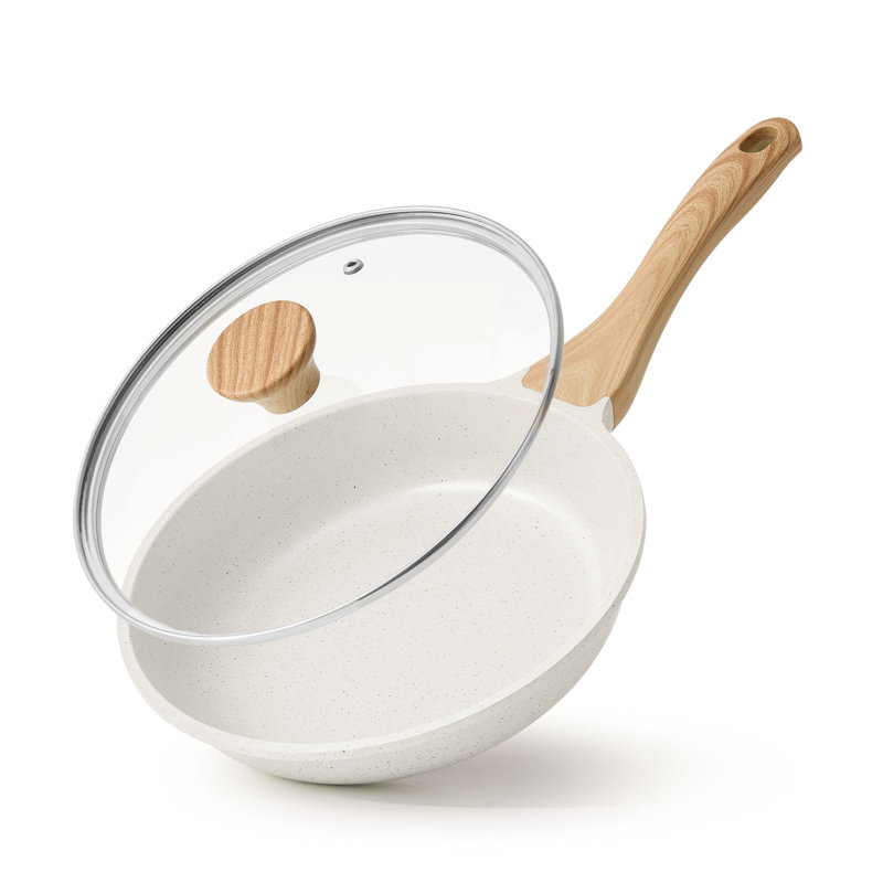 White Ceramic Nonstick Frying Pan with Lid and Woodgrain Handle