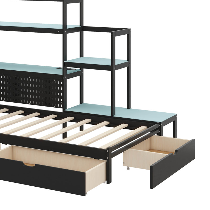 Lit de jour moderne pour lit simple avec bureau et éclairage intégrés, base de lit en bois avec trois tiroirs et station de charge