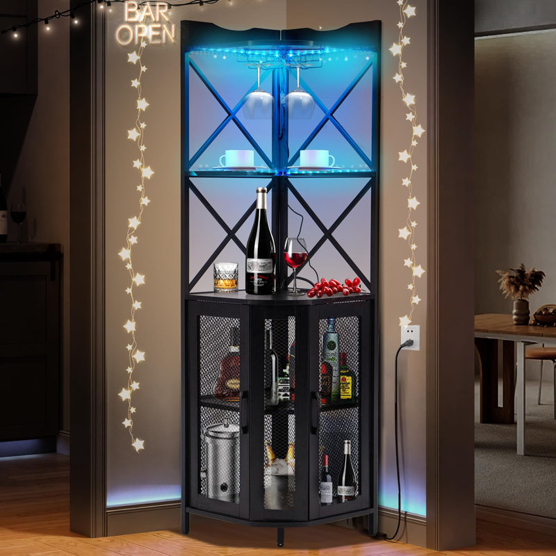 Industrial Corner Bar Cabinet with Power Outlet & LED Lights - 5-Tier Modern Black Wine Rack,  for Dining Room, Living Room, Kitchen, Black