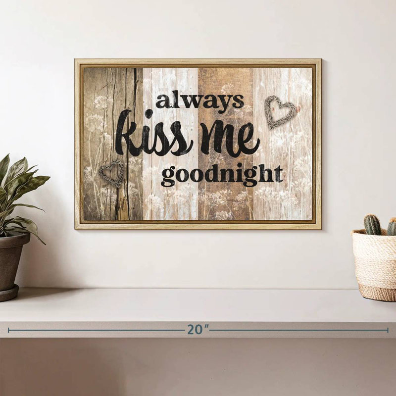 Plaque murale Kiss Me Goodnight, Cadre flottant en bois naturel, 37 po x 25 po