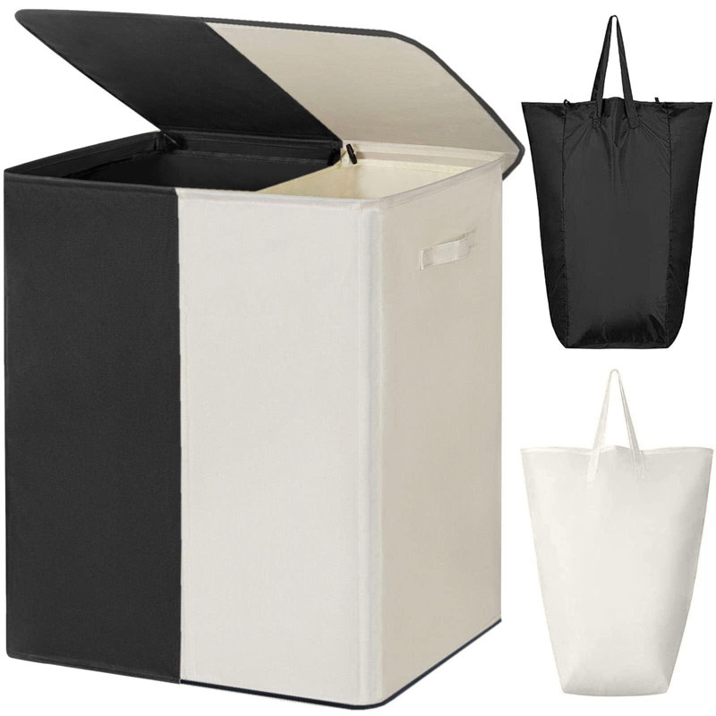 Large 154L Double Laundry Basket with Lid and Removable Bags, Collapsible 2-Section Hamper, (Black + Beige), Black/Beige