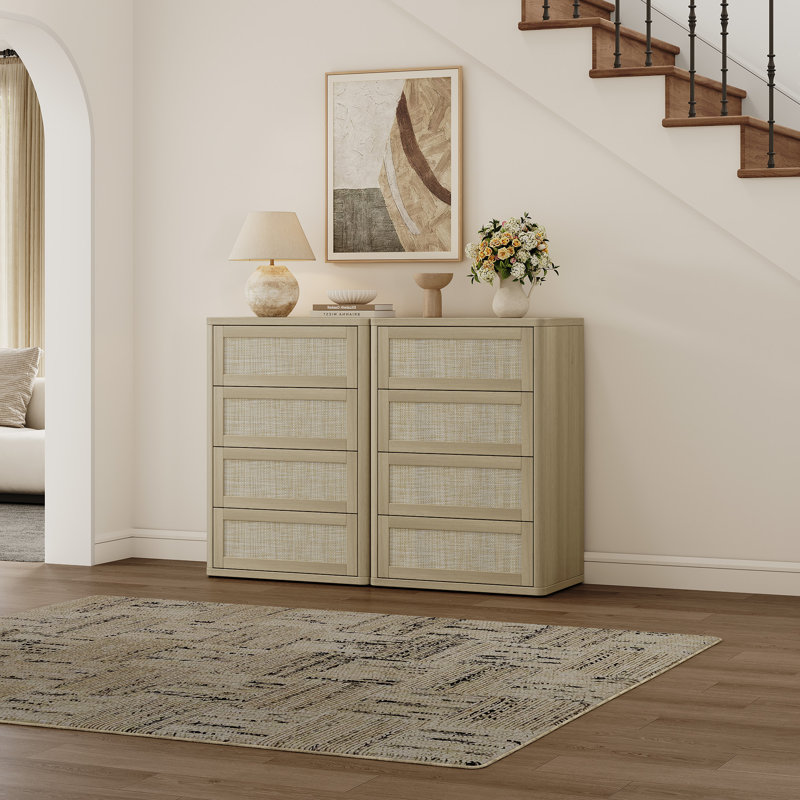  Commode 4 tiroirs Consiglia Boho-Rattan, Chêne sablé