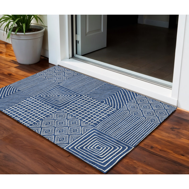 3' X 5' Navy Blue And Ivory Geometric Washable Indoor Outdoor Area Rug