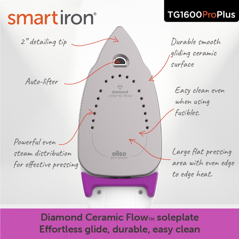 Oliso 1800 Watt Non Stick Soleplate Iron, Purple