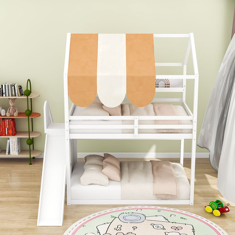Lit mezzanine en bois avec glissade et tablettes, Blanc