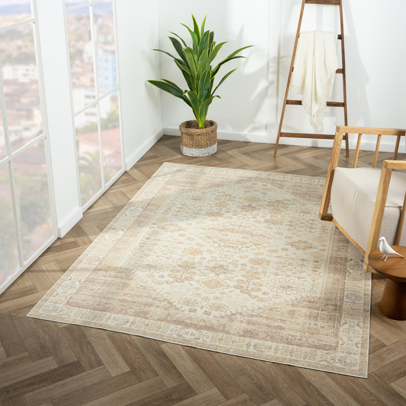 Melody Machine Washable Traditional Oriental Beige Waterproof Area Rug