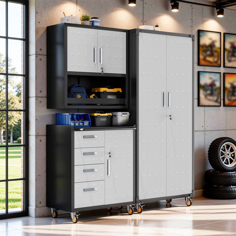 Ensemble de rangement pour garage en 3 pièces : armoires métalliques à roulettes, armoire murale, coffre à outils roulant à 4 tiroirs et armoire à panneaux perforés haute, organisateur de coffre à outils verrouillable.