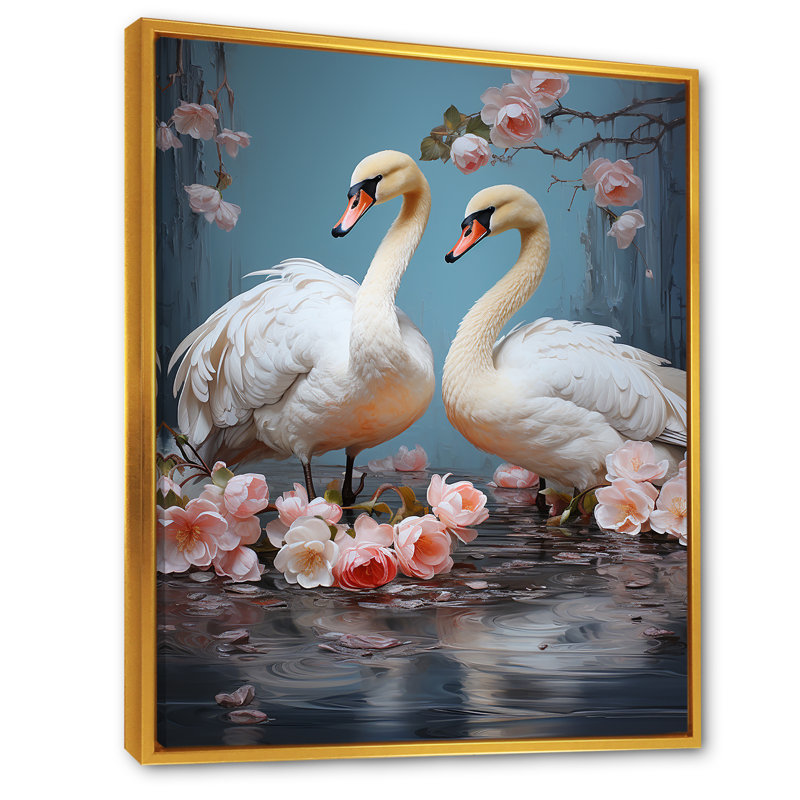 Art mural blanc, cygne blanc, sérénade III, Cadre flottant doré, H 32 po x l 24 po x P 1 po