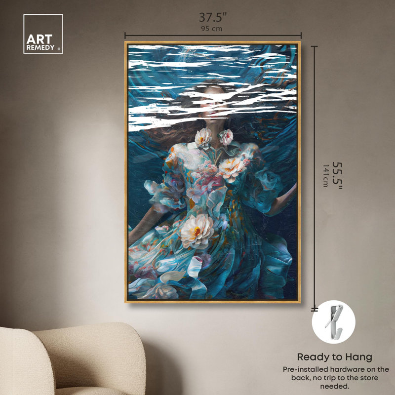 «Water Siren», art mural abstrait floral bleu par Latitude Run®, Cadre doré, H 25 po x l 17 po