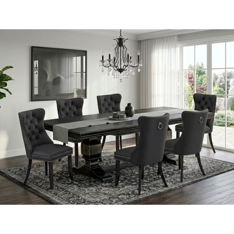 L'ensemble de salle à manger 7 pièces contient une table de cuisine rectangulaire et 6 chaises modernes en tissu de polyester gris foncé, noir sablé