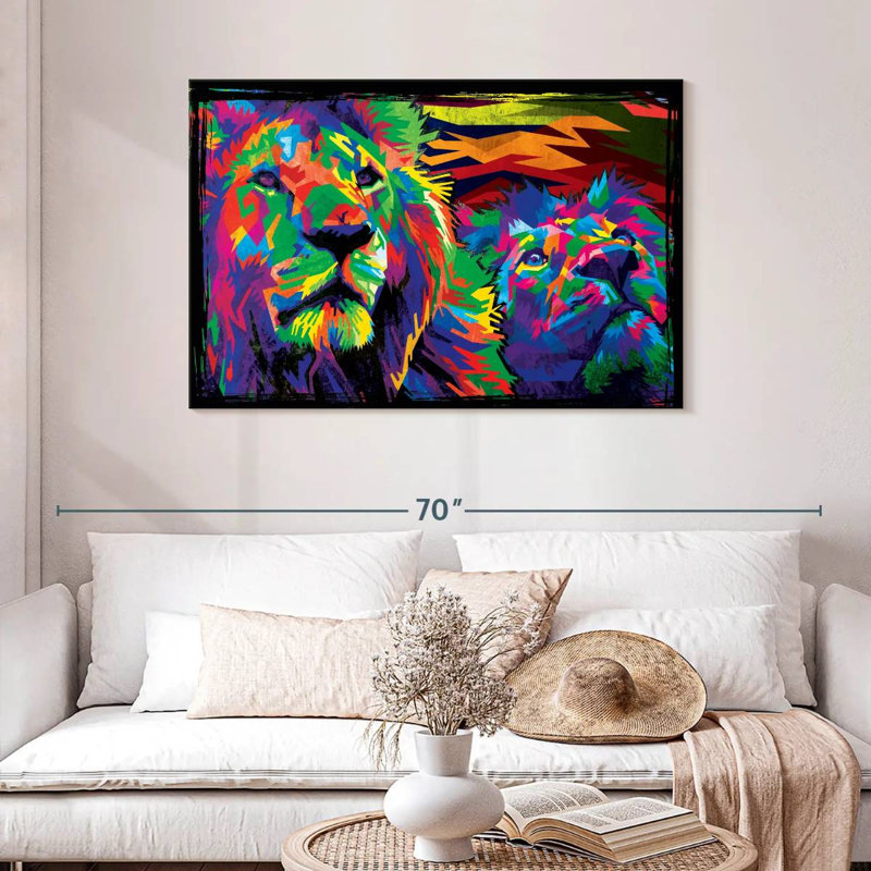 Paire de lions multicolores Brampt, H 30 po x l 45 po