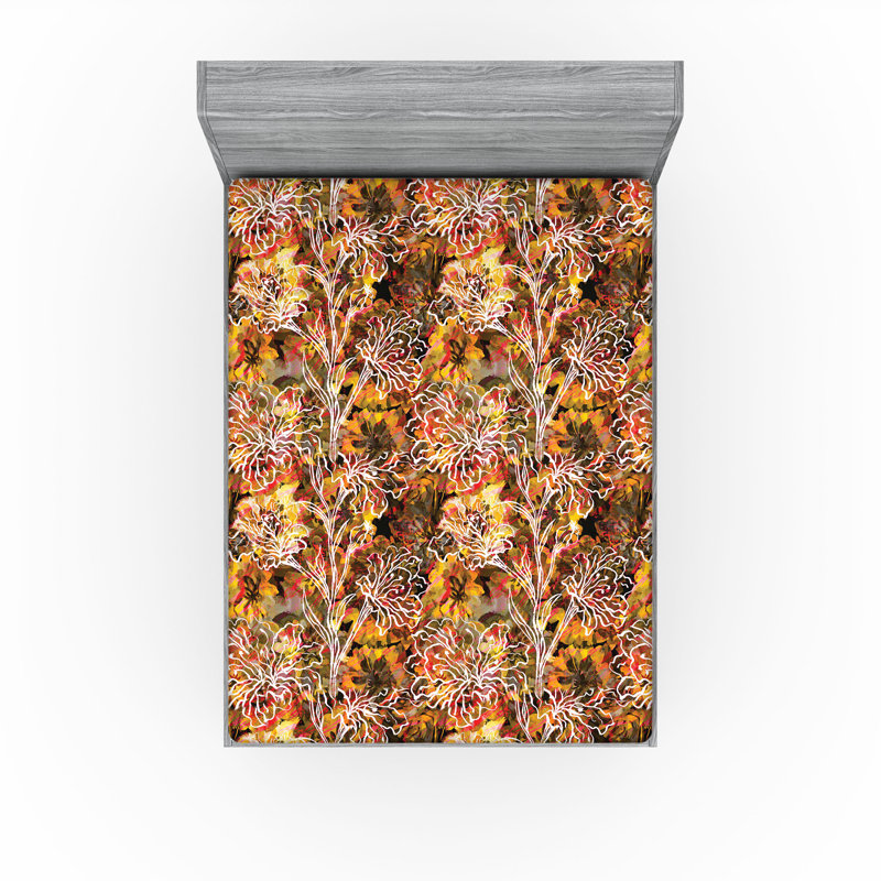 Drap-housse à motif floral Ambesonne, Fauve, moutarde, vermillon / floral, Drap-housse de taille double