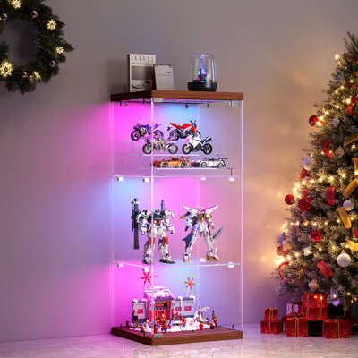 3-Tier Glass Display Cabinet, Solid Wood Storage Cabinet with Rgb Sensor Lights