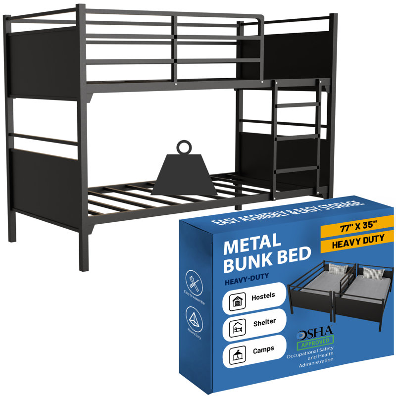 Metal Bunk Bed, Heavy Duty Sturdy Frame, Good for Commercial Use, Kids Camps and Shelter, 39", Black, 75"x33"