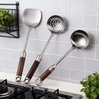Ensemble d'ustensiles de cuisine 6 pièces avec 304 têtes en acier inoxydable et poignées en bois de noyer naturel pour la cuisson, le brassage et le service