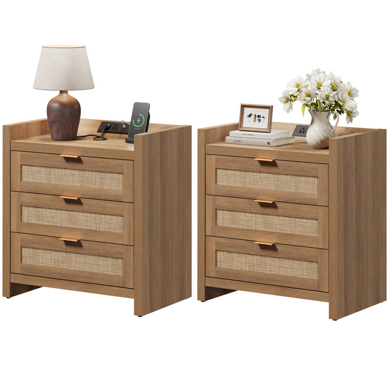 Ashvir Rattan 3-Drawer Nightstand With Built-In Outlets, Brown