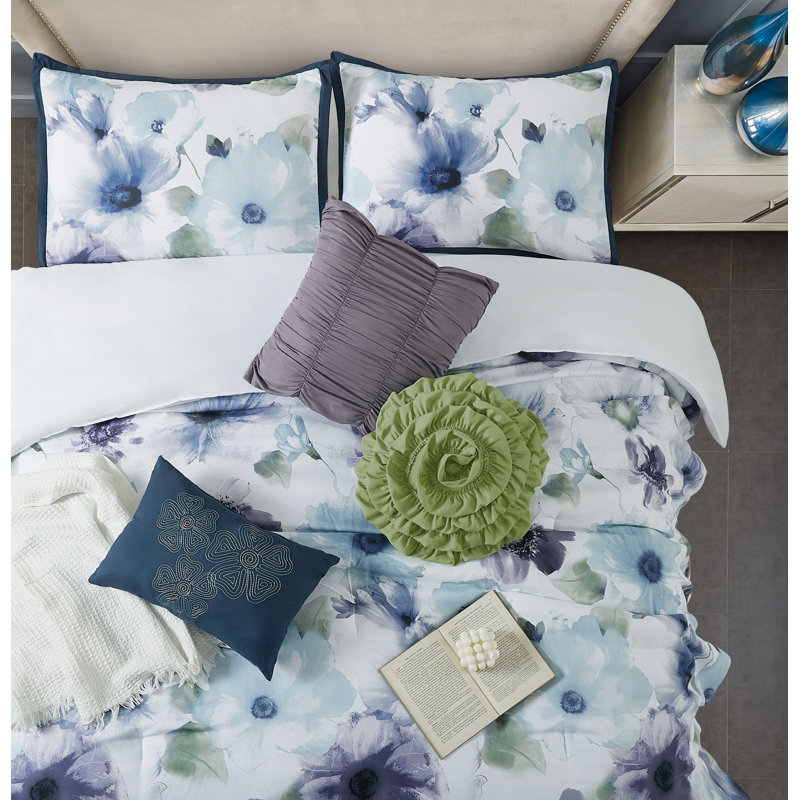 Ensemble d'édredon en microfibre bleu / mauve 7 pièces Eyla, Édredon de grande taille et 6 pièces supplément