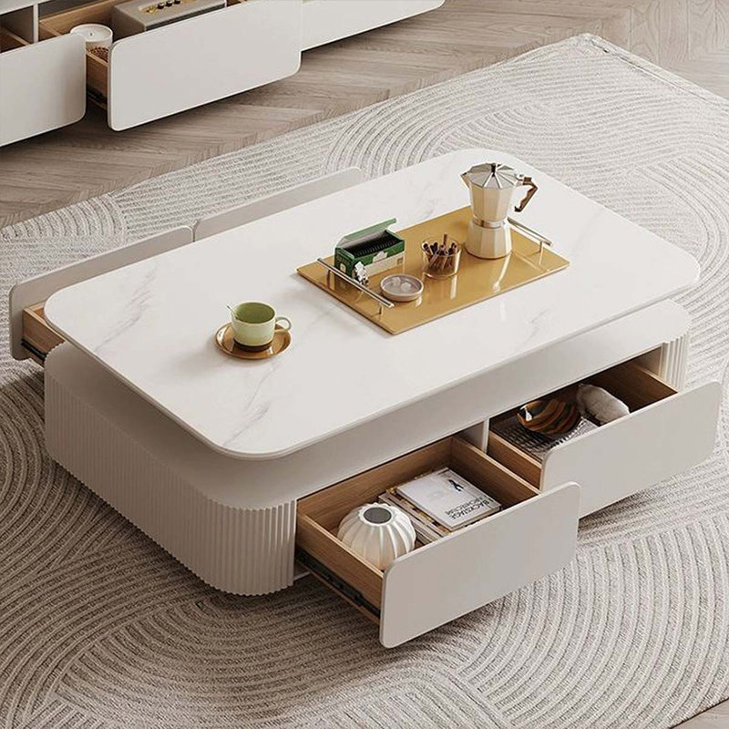 White Crystal-cream Sintered Stone Manufactured Wood Rectangular Coffee Table, 16.93" H x 47.24" L x 27.56" W